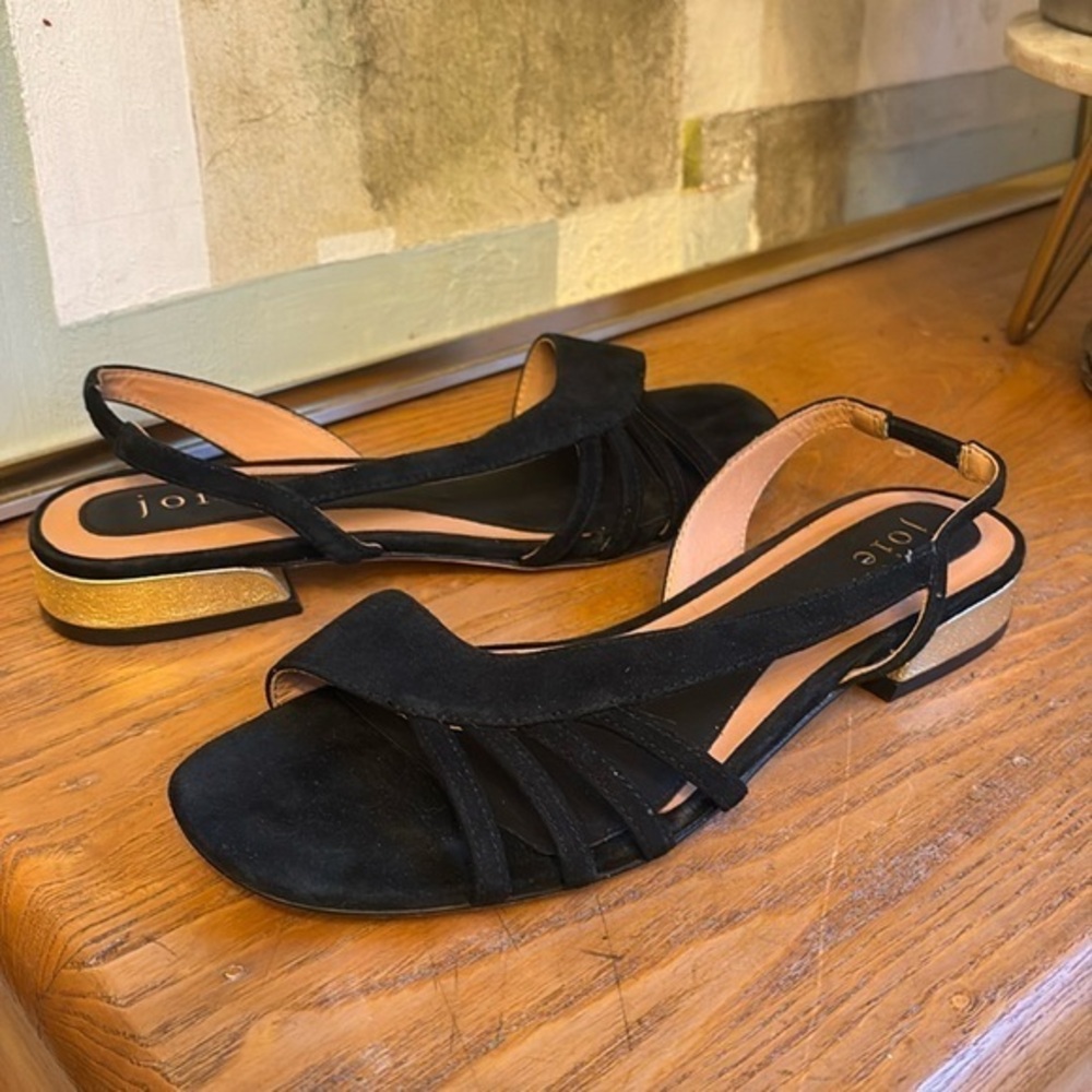 💐 Joie black suede, flat sandals, with gold foil, low sculpted heels